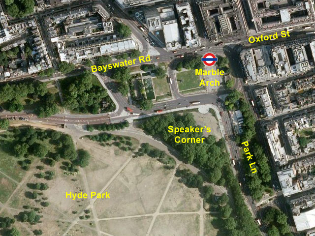 Map to Speakers' Corner in Hyde Park, London.