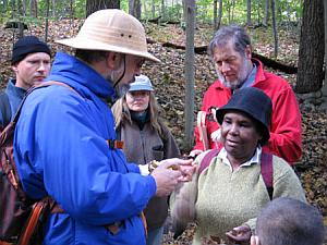 Picture of group of mushroom pickers in a forest.